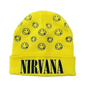 Nirvana Smiley Face Beanie Hat Yellow Acrylic Knit Music Merch‎